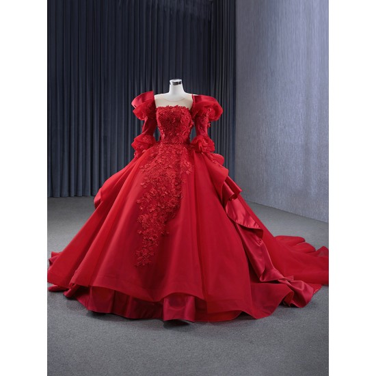 Long Sleeve Red Quinceanera Dress 2024 Princess Ball Gown Scoop Neck Prom Dress Formal Occasion Dresses