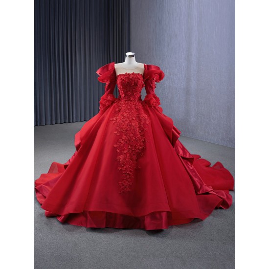 Long Sleeve Red Quinceanera Dress 2024 Princess Ball Gown Scoop Neck Prom Dress Formal Occasion Dresses