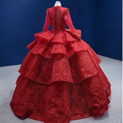 Long Sleeve Red Quinceanera Dress 2024 Tiered Party Dress Lace Up Evening Dress Vestidos De 15 Anos