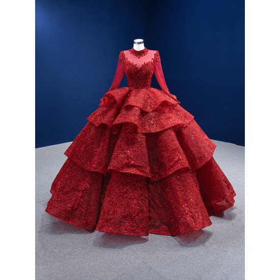 Long Sleeve Red Quinceanera Dress 2024 Tiered Party Dress Lace Up Evening Dress Vestidos De 15 Anos