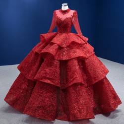 Long Sleeve Red Quinceanera Dress 2024 Tiered Party Dress Lace Up Evening Dress Vestidos De 15 Anos