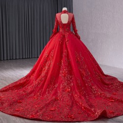 Long Sleeve Red Quinceanera Dress Floral Applique Lace Up Party Dress Vestidos De 15 Quinceanera High Neck Ball Gown