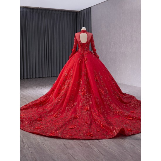 Long Sleeve Red Quinceanera Dress Floral Applique Lace Up Party Dress Vestidos De 15 Quinceanera High Neck Ball Gown