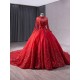 Long Sleeve Red Quinceanera Dress Floral Applique Lace Up Party Dress Vestidos De 15 Quinceanera High Neck Ball Gown