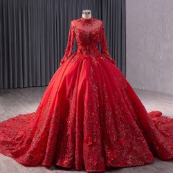 Long Sleeve Red Quinceanera Dress Floral Applique Lace Up Party Dress Vestidos De 15 Quinceanera High Neck Ball Gown