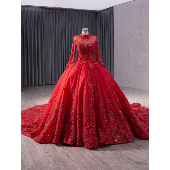 Long Sleeve Red Quinceanera Dress Floral Applique Lace Up Party Dress Vestidos De 15 Quinceanera High Neck Ball Gown