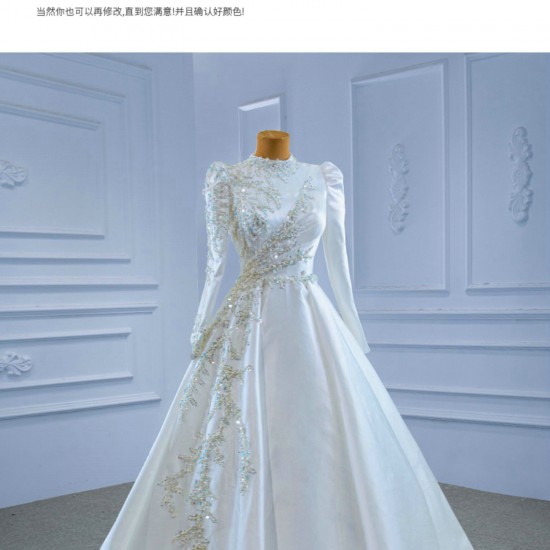 Long Sleeve Wedding Dress Custom Made Gown Muslin Bridal Gown Crystal Robe De Mariee