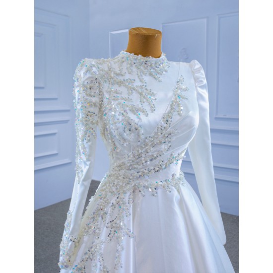 Long Sleeve Wedding Dress Custom Made Gown Muslin Bridal Gown Crystal Robe De Mariee