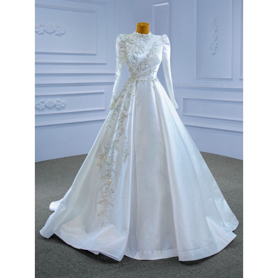 Long Sleeve Wedding Dress Custom Made Gown Muslin Bridal Gown Crystal Robe De Mariee