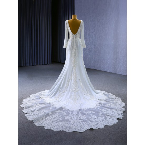 Long Sleeve Wedding Dress Custom Plus Size Satin Lace Appliques Bridal Gown Dresse