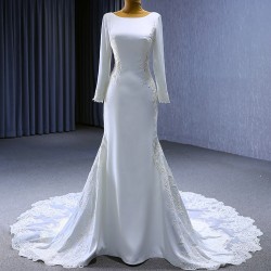 Long Sleeve Wedding Dress Custom Plus Size Satin Lace Appliques Bridal Gown Dresse