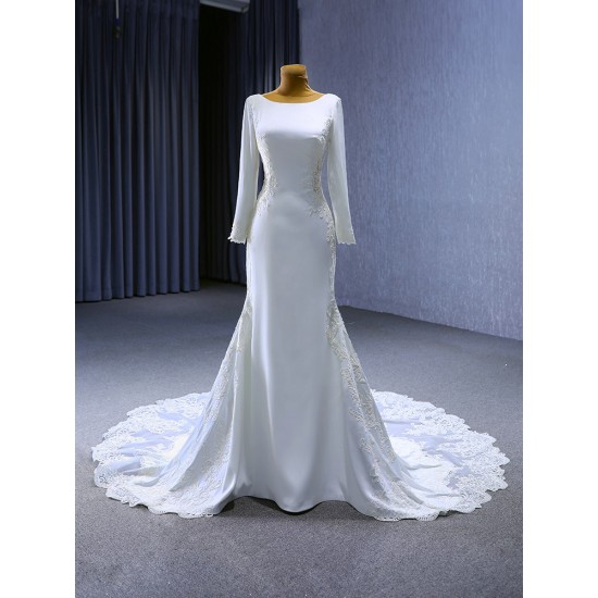 Long Sleeve Wedding Dress Custom Plus Size Satin Lace Appliques Bridal Gown Dresse