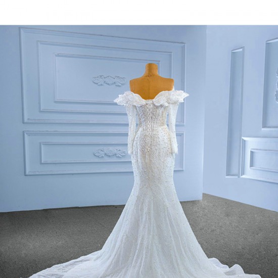 Long Sleeve Wedding Dress For Woman Pearl Bride Gown Strapless Sexy Backless Floor Length 2024