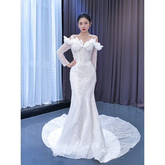 Long Sleeve Wedding Dress For Woman Pearl Bride Gown Strapless Sexy Backless Floor Length 2024