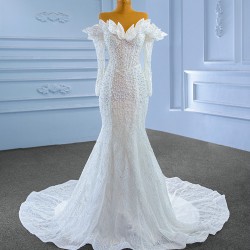 Long Sleeve Wedding Dress For Woman Pearl Bride Gown Strapless Sexy Backless Floor Length 2024