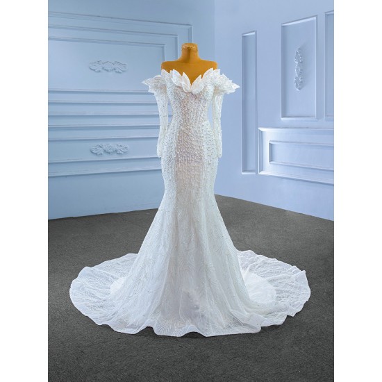 Long Sleeve Wedding Dress For Woman Pearl Bride Gown Strapless Sexy Backless Floor Length 2024