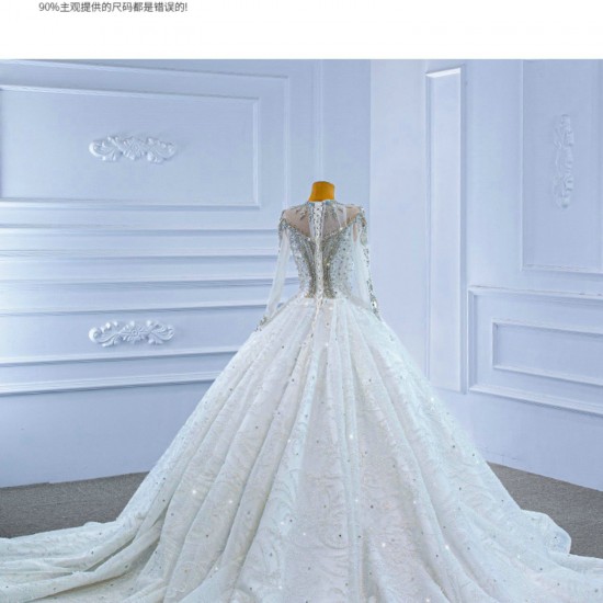 Long Sleeve Wedding Dress Luxury Sweep Train Crystal Ball Gown Bride Dress Plus Size Mariage 2024