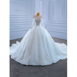 Long Sleeve Wedding Dress Luxury Sweep Train Crystal Ball Gown Bride Dress Plus Size Mariage 2024