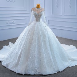 Long Sleeve Wedding Dress Luxury Sweep Train Crystal Ball Gown Bride Dress Plus Size Mariage 2024