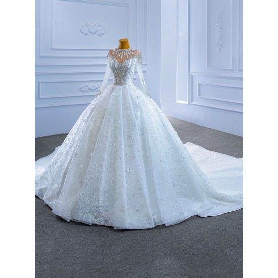 Long Sleeve Wedding Dress Luxury Sweep Train Crystal Ball Gown Bride Dress Plus Size Mariage 2024