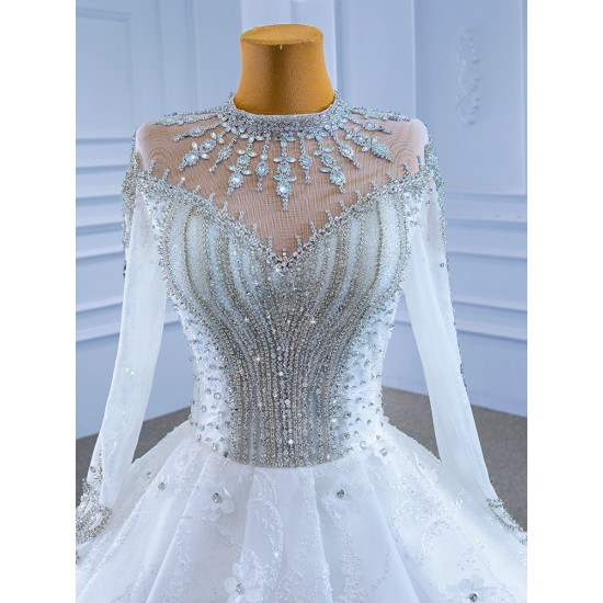 Long Sleeve Wedding Dress Luxury Sweep Train Crystal Ball Gown Bride Dress Plus Size Mariage 2024