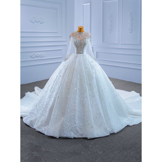 Long Sleeve Wedding Dress Luxury Sweep Train Crystal Ball Gown Bride Dress Plus Size Mariage 2024