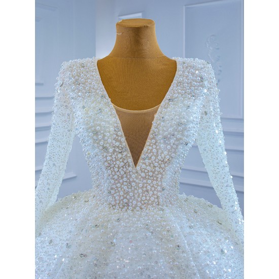 Long Sleeve Wedding Dress Sequin V Neck Bridal Gowns Princess Party Glitter Robe De Mariee 2024