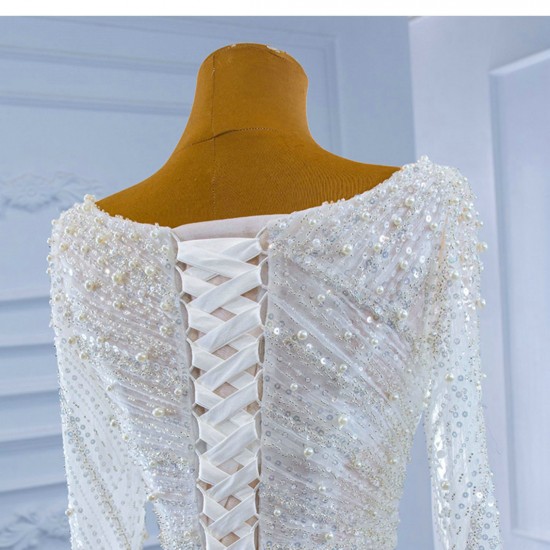 Long Sleeve Wedding Dress Square Collar 2024 African Arabic Bride Gown Sequin Bridal Dress