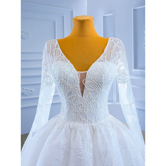 Long Sleeve Wedding Dress V Neck Bridal Gown Beading Bride Dresses Vestido De Novia