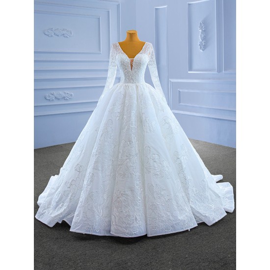 Long Sleeve Wedding Dress V Neck Bridal Gown Beading Bride Dresses Vestido De Novia