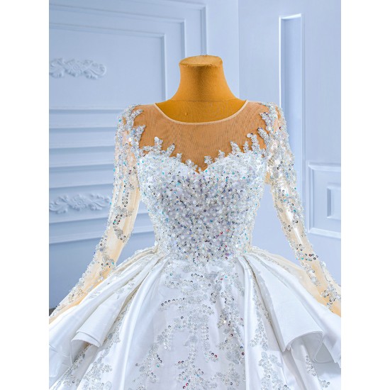 Long Sleeve Wedding Dresses Scoop Neck Bridal Gowns Sequin Vestidos De Novia 2024