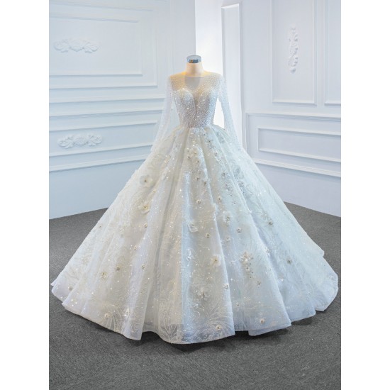 Long Sleeve Wedding Bridal Gowns 3D Floral Ball Gown Bride Dresses Custom Made Plus Size