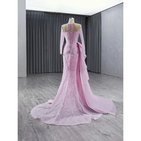 Long Sleeves Pink Formal Prom Dresses Sequin Special Occasion Event Party Gowns Evening Dress Customized