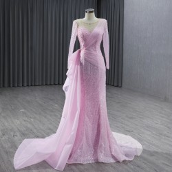 Long Sleeves Pink Formal Prom Dresses Sequin Special Occasion Event Party Gowns Evening Dress Customized