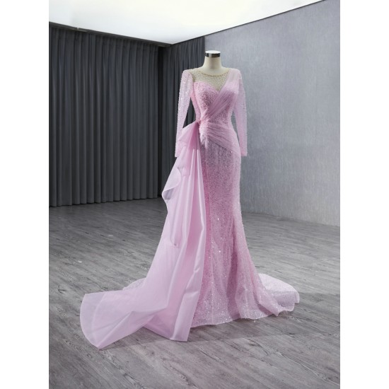 Long Sleeves Pink Formal Prom Dresses Sequin Special Occasion Event Party Gowns Evening Dress Customized