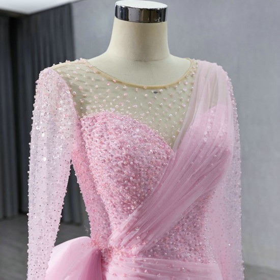 Long Sleeves Pink Formal Prom Dresses Sequin Special Occasion Event Party Gowns Evening Dress Customized