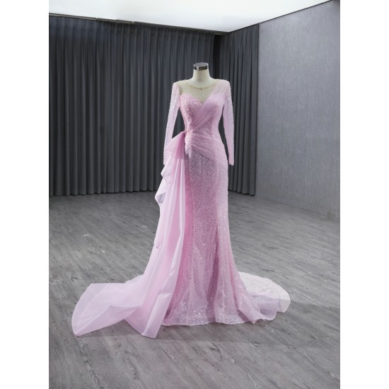 Long Sleeves Pink Formal Prom Dresses Sequin Special Occasion Event Party Gowns Evening Dress Customized