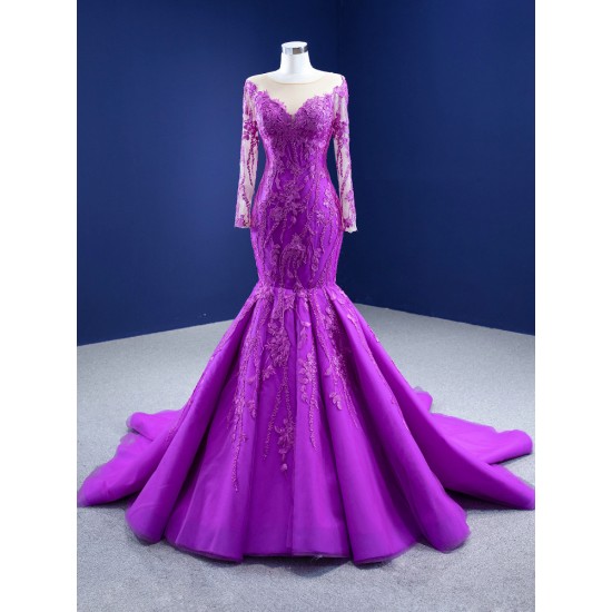 Long Sleeves Purple Mermaid Evening Dresses 2024 Scoop Neck Applique Formal Prom Party Gowns