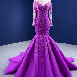 Long Sleeves Purple Mermaid Evening Dresses 2024 Scoop Neck Applique Formal Prom Party Gowns