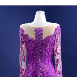 Long Sleeves Purple Mermaid Evening Dresses 2024 Scoop Neck Applique Formal Prom Party Gowns