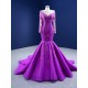 Long Sleeves Purple Mermaid Evening Dresses 2024 Scoop Neck Applique Formal Prom Party Gowns