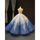 Luxury Blue Evening Dresses White Lace Appliques Ball Gowm Cape Sleeve Arabia Formal Prom Occasion Gowns 2024 For Women Party