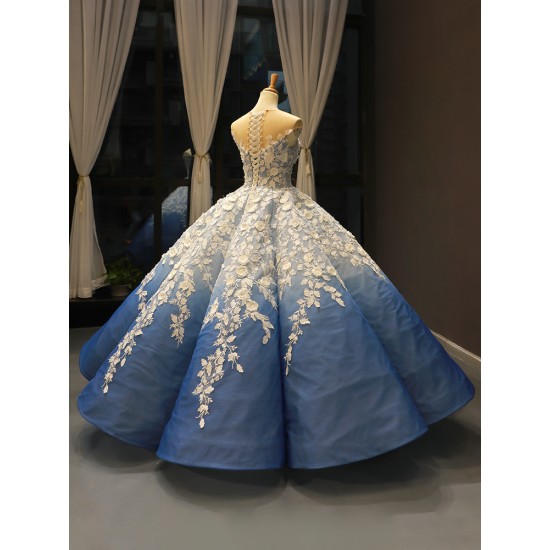 Luxury Blue Evening Dresses White Lace Appliques Ball Gowm Cape Sleeve Arabia Formal Prom Occasion Gowns 2024 For Women Party