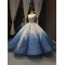 Luxury Blue Evening Dresses White Lace Appliques Ball Gowm Cape Sleeve Arabia Formal Prom Occasion Gowns 2024 For Women Party