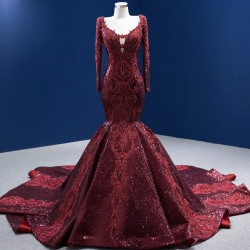 Luxury Burgundy Evening Dresses 2024 Dubai Long Sleeve Midi Engagement Party Dresses Sequin Prom Gown