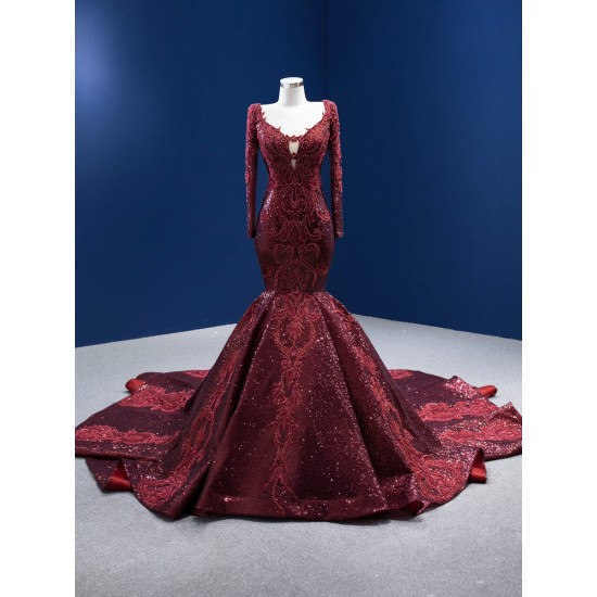 Luxury Burgundy Evening Dresses 2024 Dubai Long Sleeve Midi Engagement Party Dresses Sequin Prom Gown