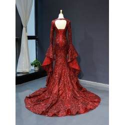 Luxury Burgundy Evening Dresses 2024 Prom Gown Sparkly Sequin Elegant Black Women Long Sleeve Wedding Party Formal Gowns