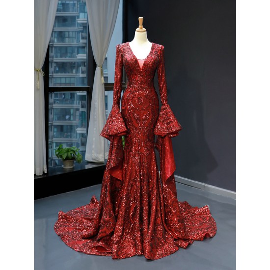 Luxury Burgundy Evening Dresses 2024 Prom Gown Sparkly Sequin Elegant Black Women Long Sleeve Wedding Party Formal Gowns