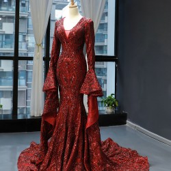 Luxury Burgundy Evening Dresses 2024 Prom Gown Sparkly Sequin Elegant Black Women Long Sleeve Wedding Party Formal Gowns