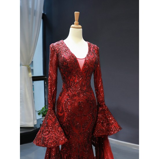 Luxury Burgundy Evening Dresses 2024 Prom Gown Sparkly Sequin Elegant Black Women Long Sleeve Wedding Party Formal Gowns